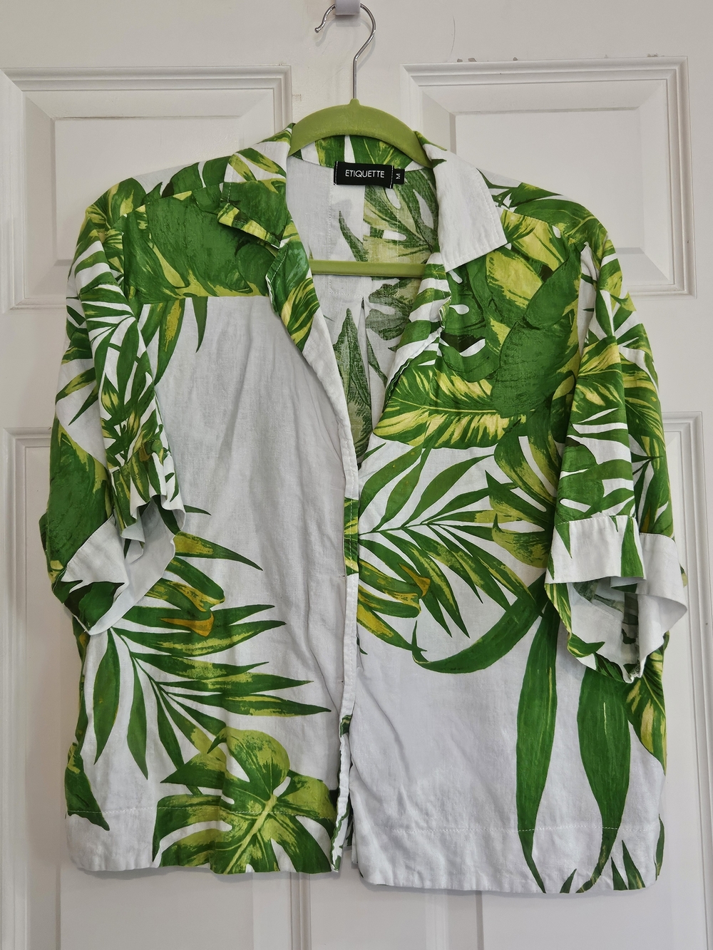 White & Green Tropical Button-Down